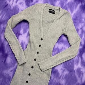 Kittenish Grey heather ribbed maxi cardigan button up front